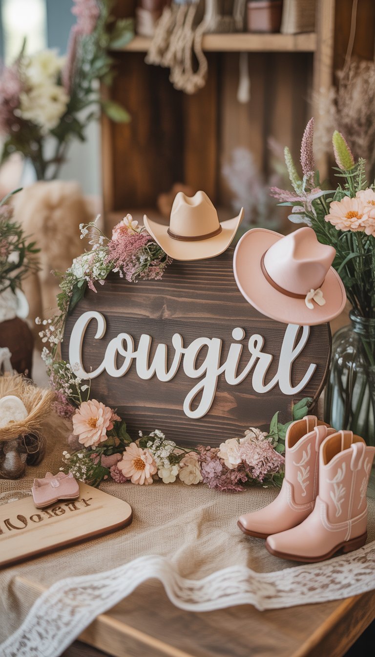 A rustic wooden sign surrounded by cowgirl-themed baby shower decorations including miniature cowboy hats, tiny boots, lace, and wildflowers.